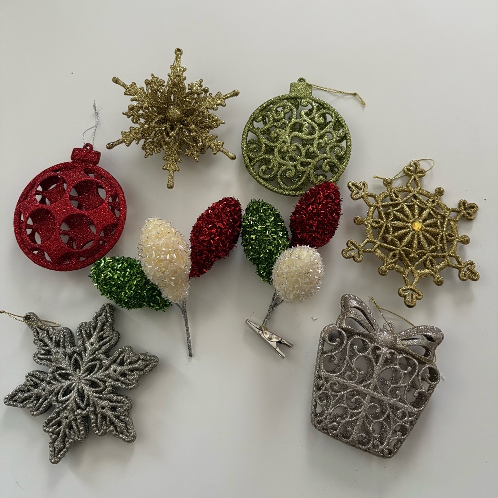 Glittery 8 Holiday Ornament Collection Red Green Gold Silver Different Shapes